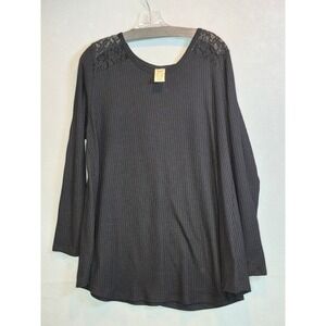 Faded Glory Womens XXL 20 Black Waffle Knit Lace Shoulder Long Sleeve Top